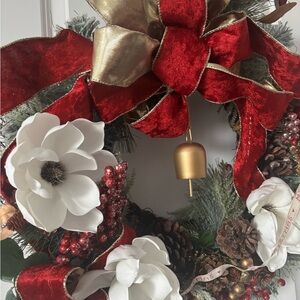 Magnolia Wreath StunningHandmade Red White Gold Accents Custom Holiday Wreath FS